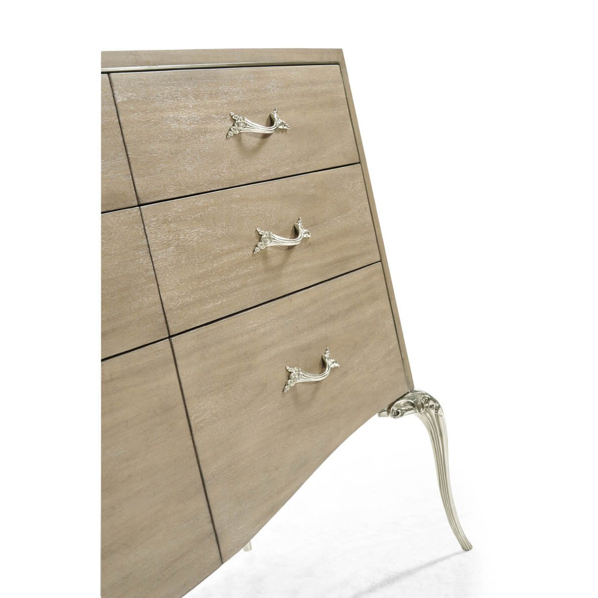 Three-quarter angle of 9-drawer dresser highlighting flowing drawer fronts and elegant fluted silver cabriole legs