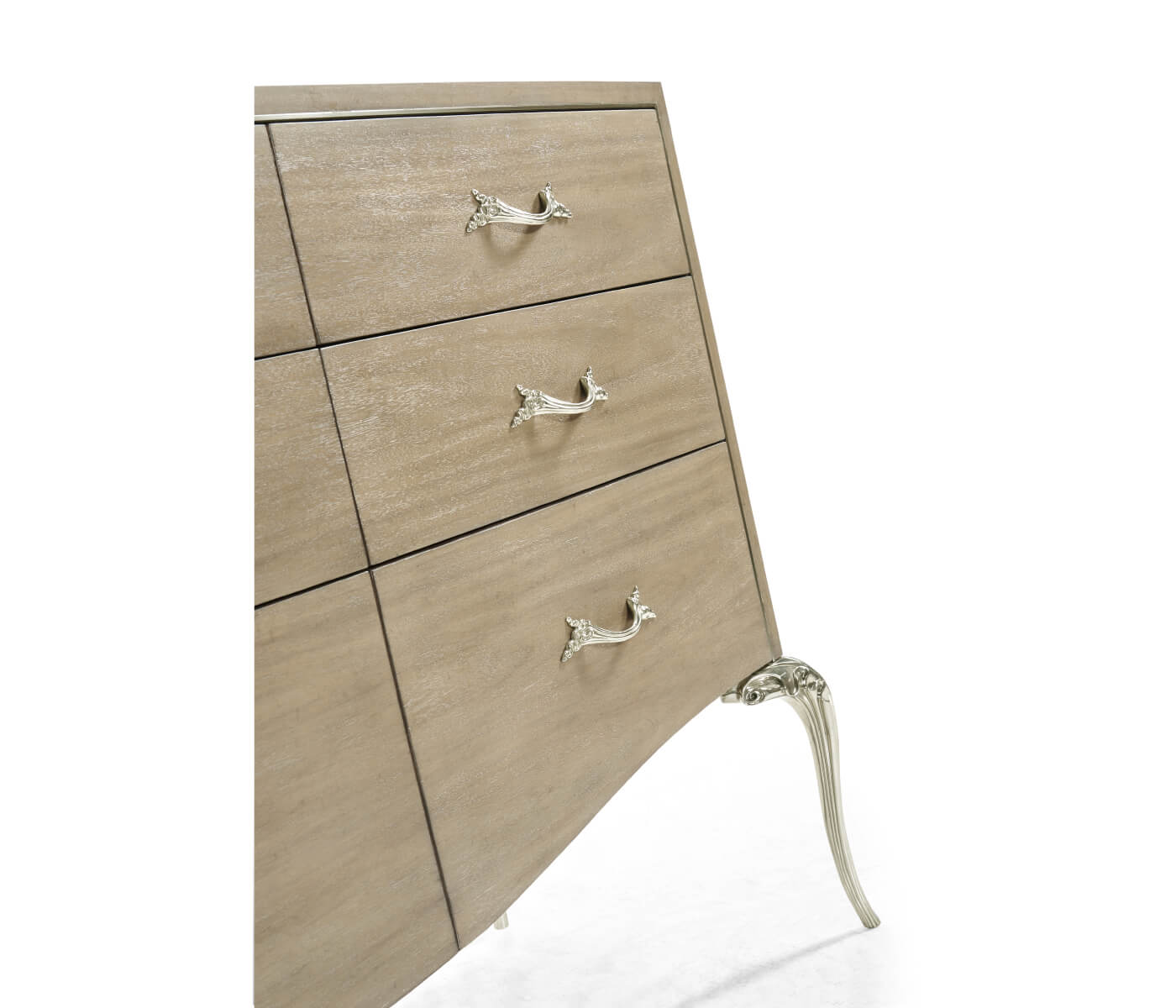 Three-quarter angle of 9-drawer dresser highlighting flowing drawer fronts and elegant fluted silver cabriole legs
