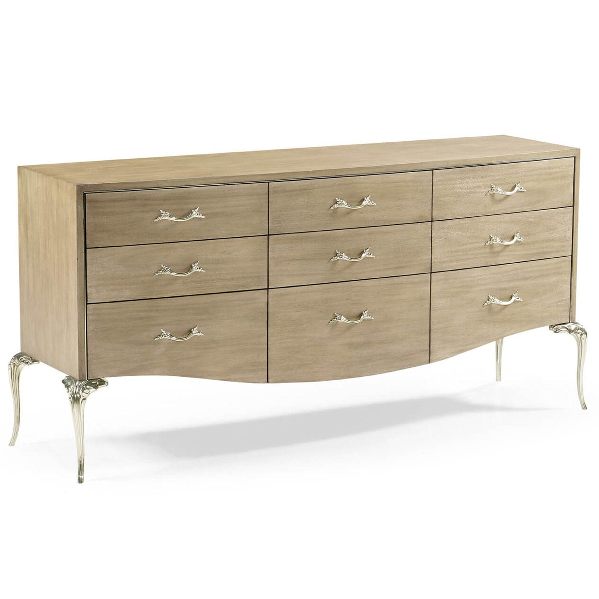 Full view of 9-drawer Rivoli walnut dresser with silver scroll handles and curved cabriole legs in light beige finish