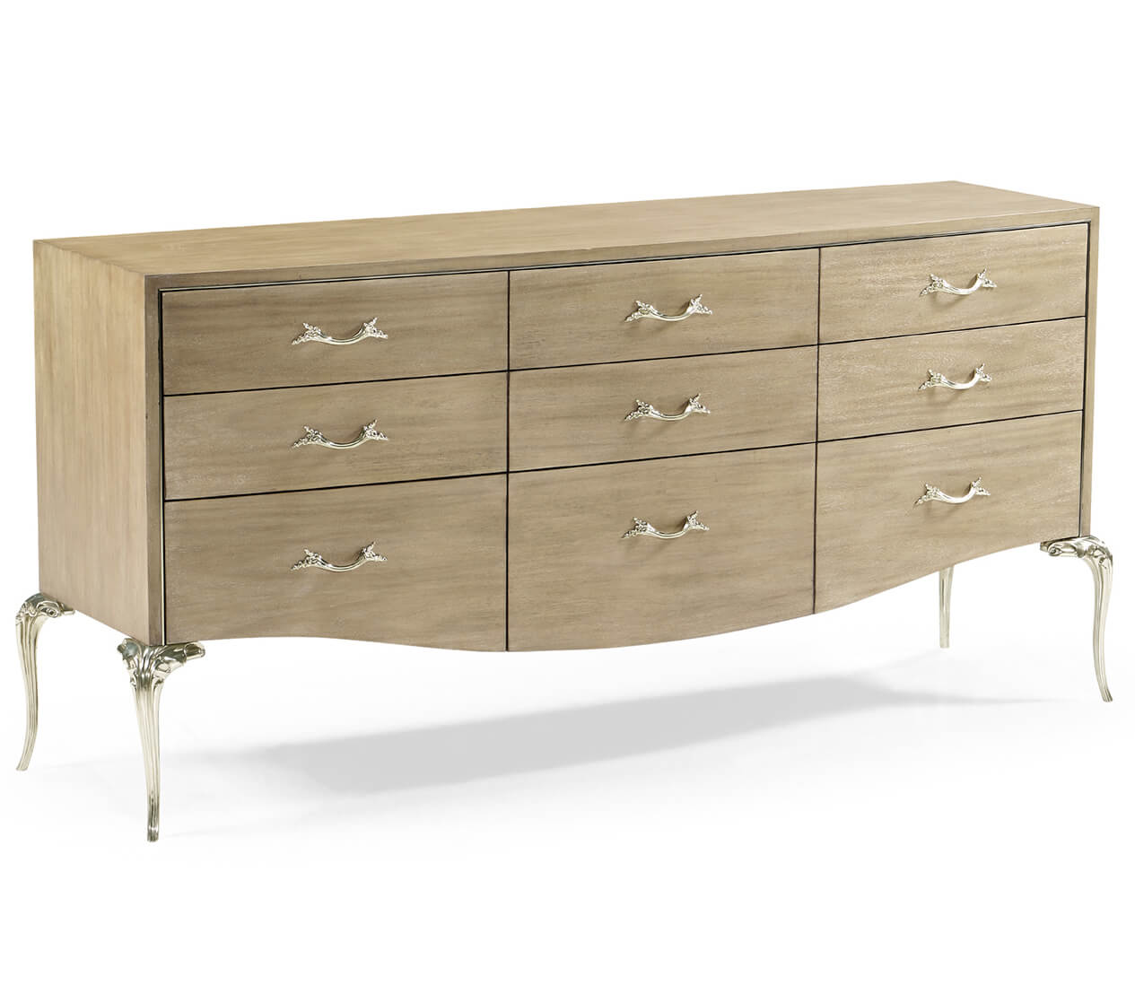 Full view of 9-drawer Rivoli walnut dresser with silver scroll handles and curved cabriole legs in light beige finish