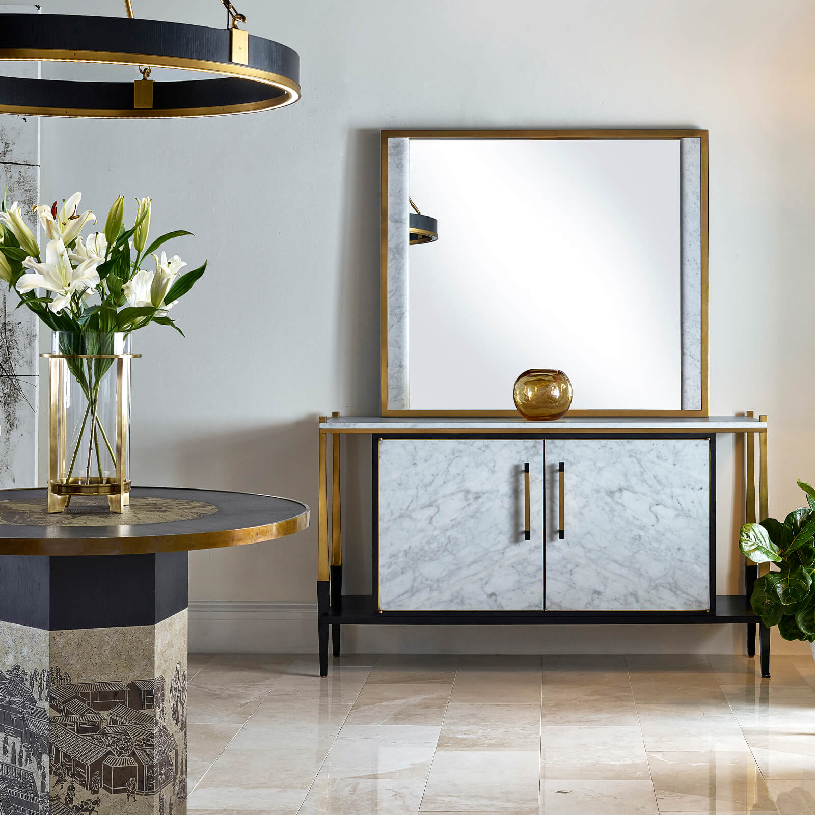 Jonathan Charles Square Wall Mirror with White Marble Edge