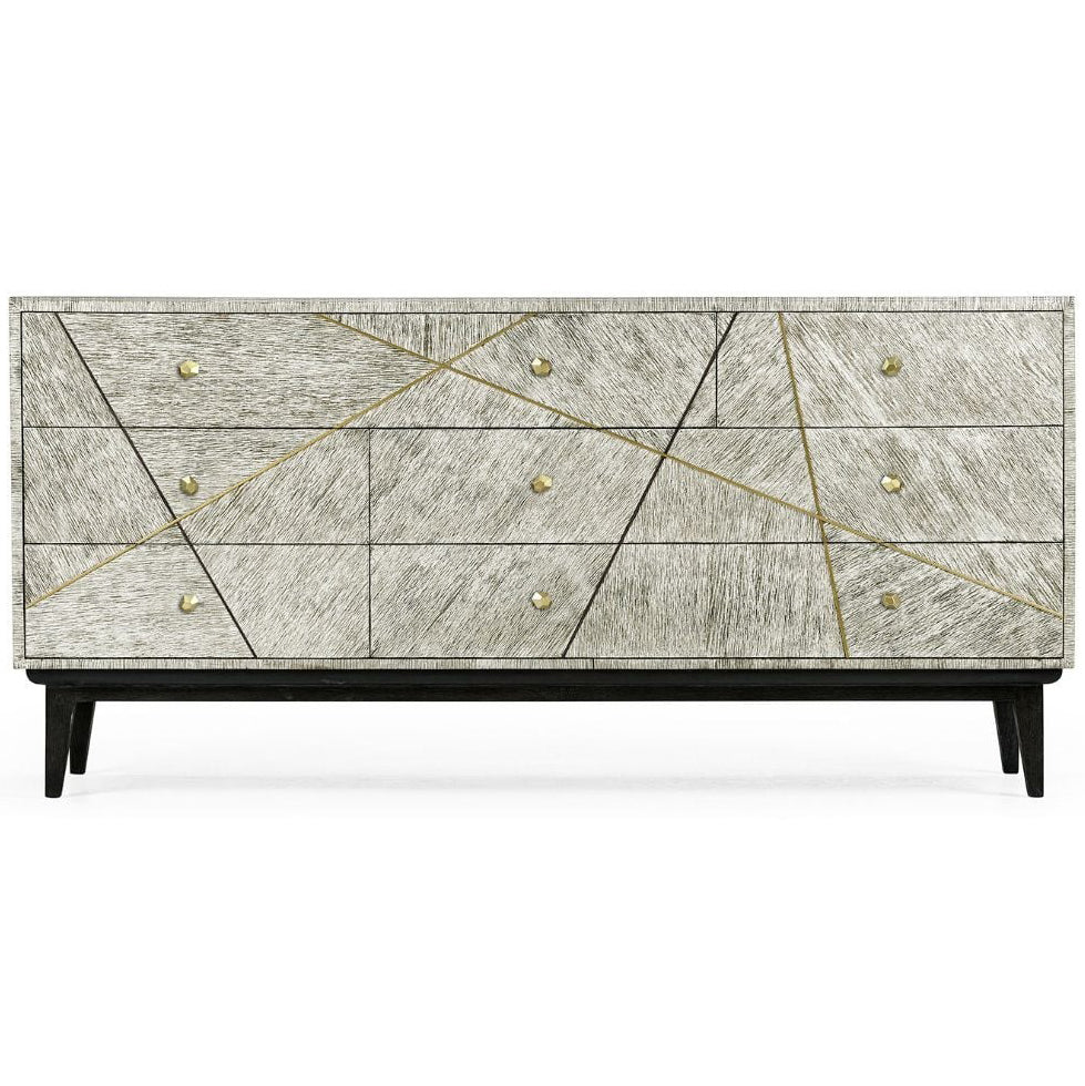 Six-drawer light gray wood grain dresser with symmetrical gold linear inlays and tapered legs