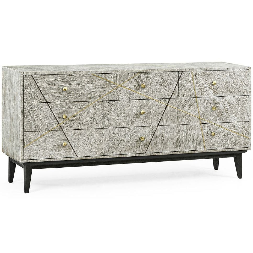 Jonathan Charles light French oak transitional dresser with gold hexagonal knobs and cerused finish