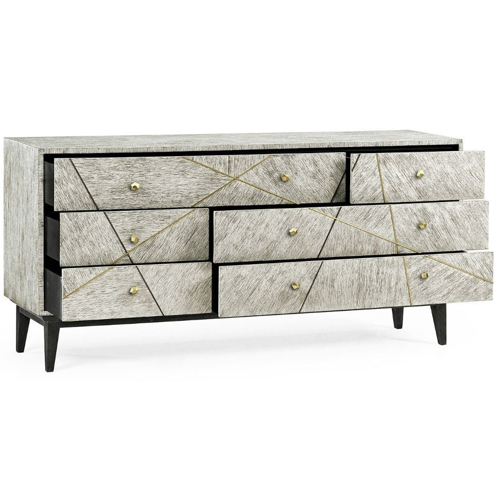 Open drawer view of Jonathan Charles six-drawer dresser showing black interior lining and storage capacity