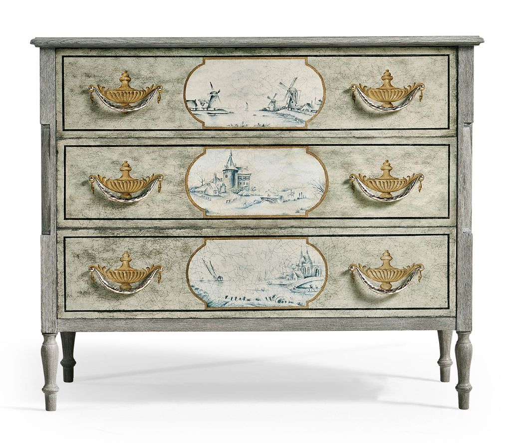 Front view of Jonathan Charles Morningside chest featuring light greenish-gray crackle finish and gold-trimmed painted panels