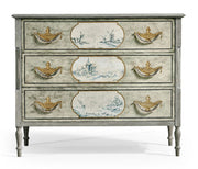 Front view of Jonathan Charles Morningside chest featuring light greenish-gray crackle finish and gold-trimmed painted panels
