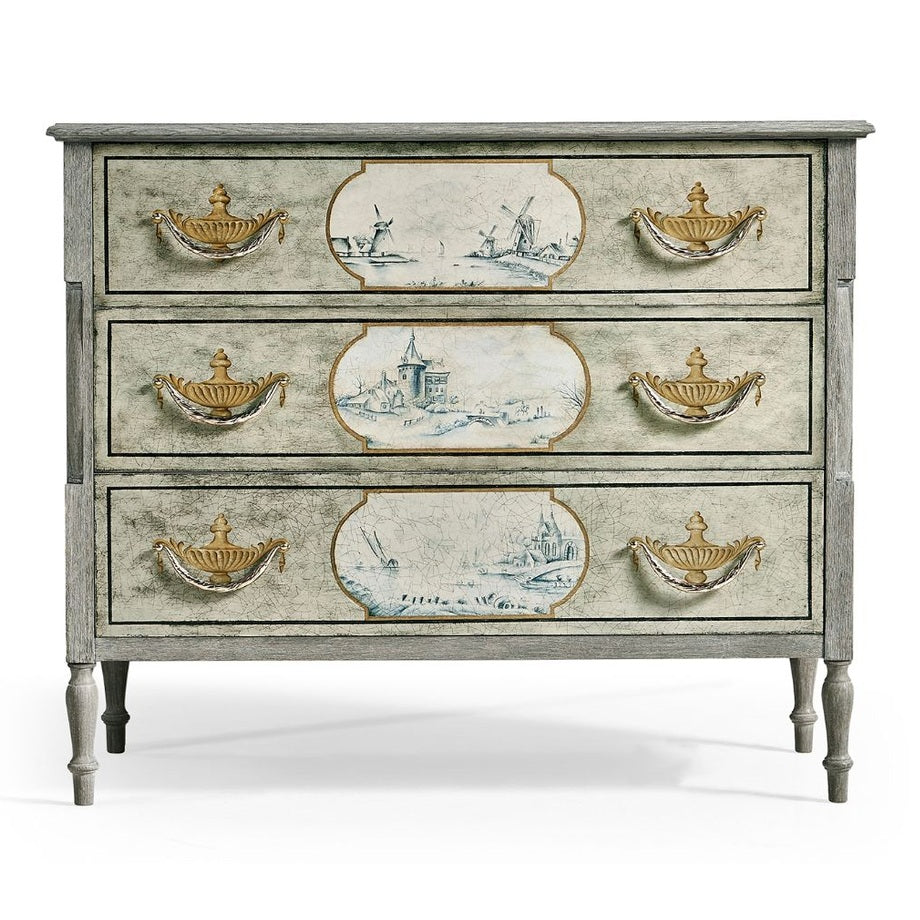 Front view of Jonathan Charles Morningside chest featuring light greenish-gray crackle finish and gold-trimmed painted panels
