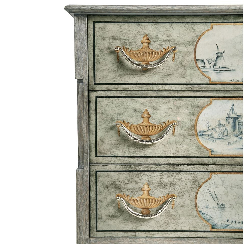 Detailed close-up of Jonathan Charles Morningside chest drawers showing crackle texture and blue-black landscape motifs