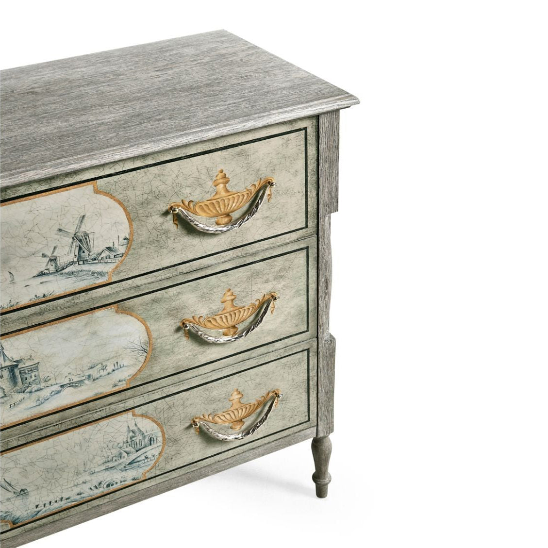 Close-up of Jonathan Charles Morningside chest corner highlighting distressed wood grain and urn-shaped handles