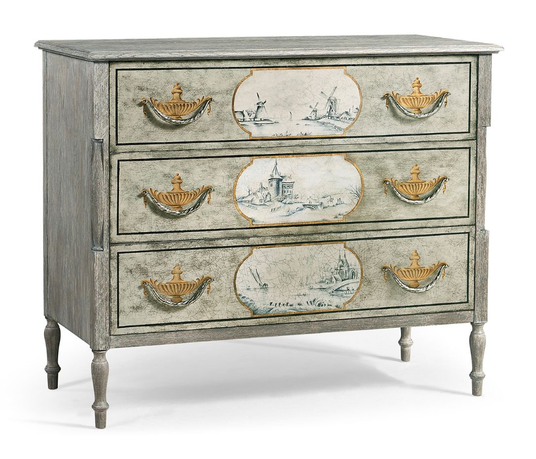 Jonathan Charles Morningside three-drawer chest with distressed light gray finish and hand-painted Dutch landscape scenes