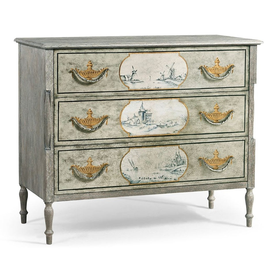 Jonathan Charles Morningside three-drawer chest with distressed light gray finish and hand-painted Dutch landscape scenes