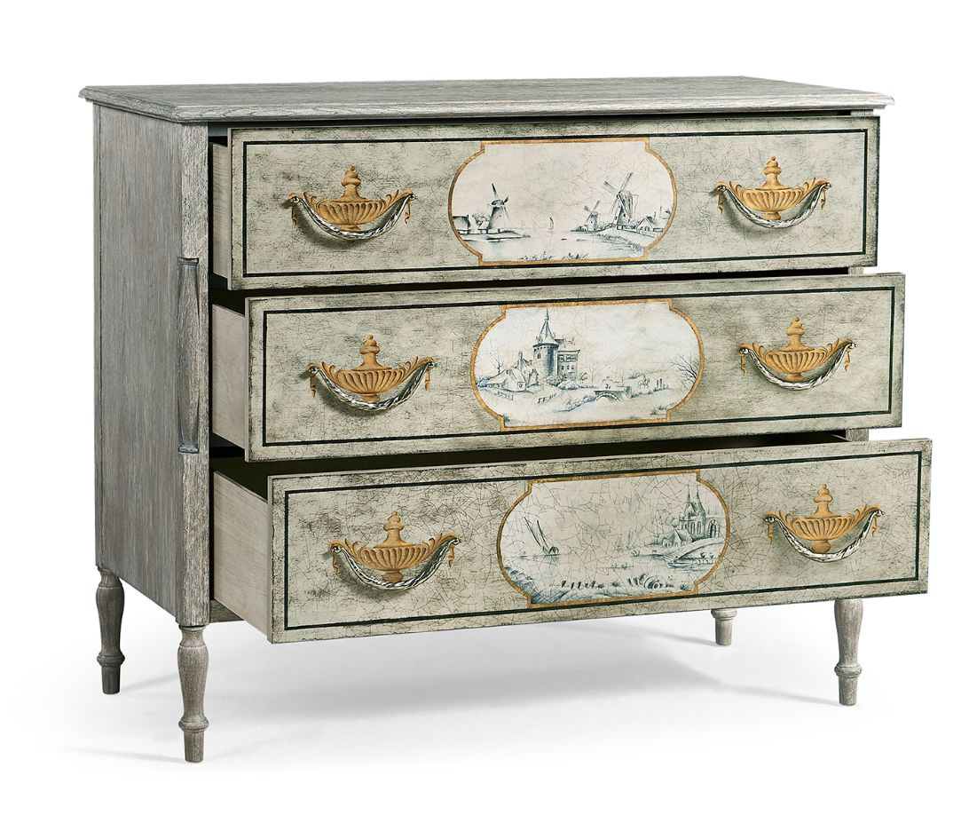 Open bottom drawer of Jonathan Charles Morningside chest showing interior lining and crackled blue-gray exterior