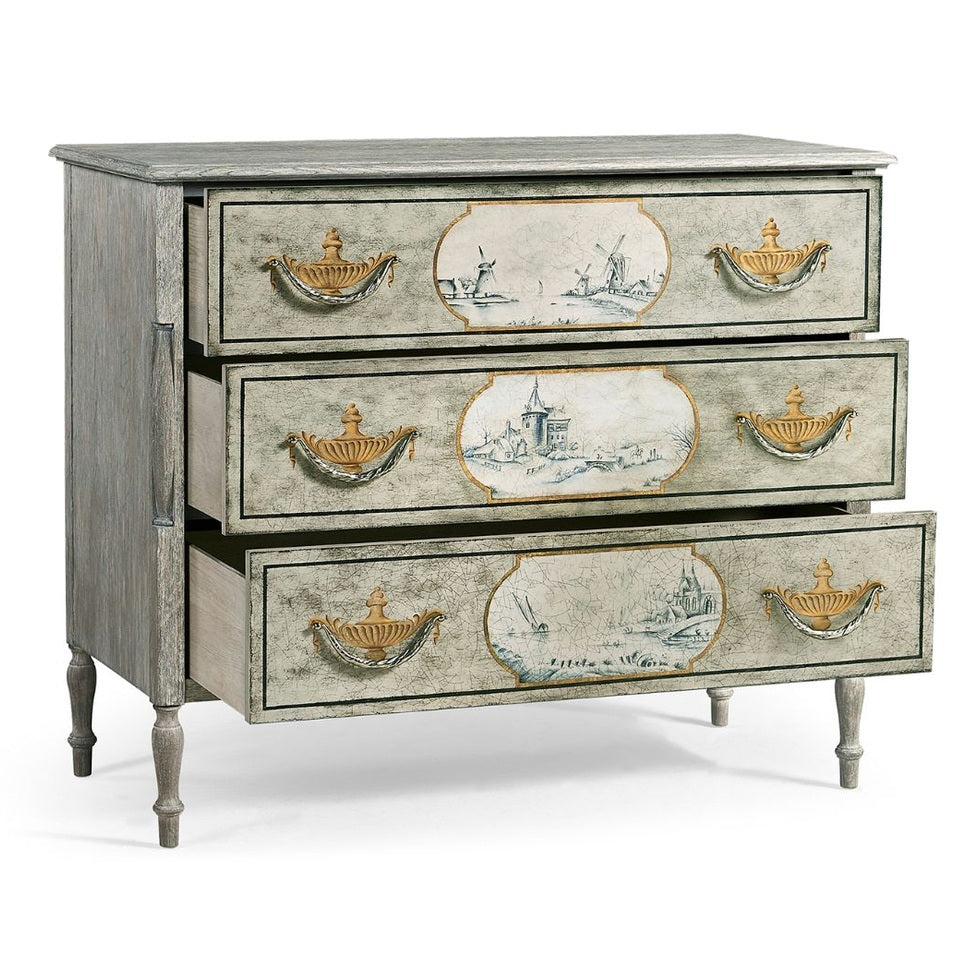 Open bottom drawer of Jonathan Charles Morningside chest showing interior lining and crackled blue-gray exterior