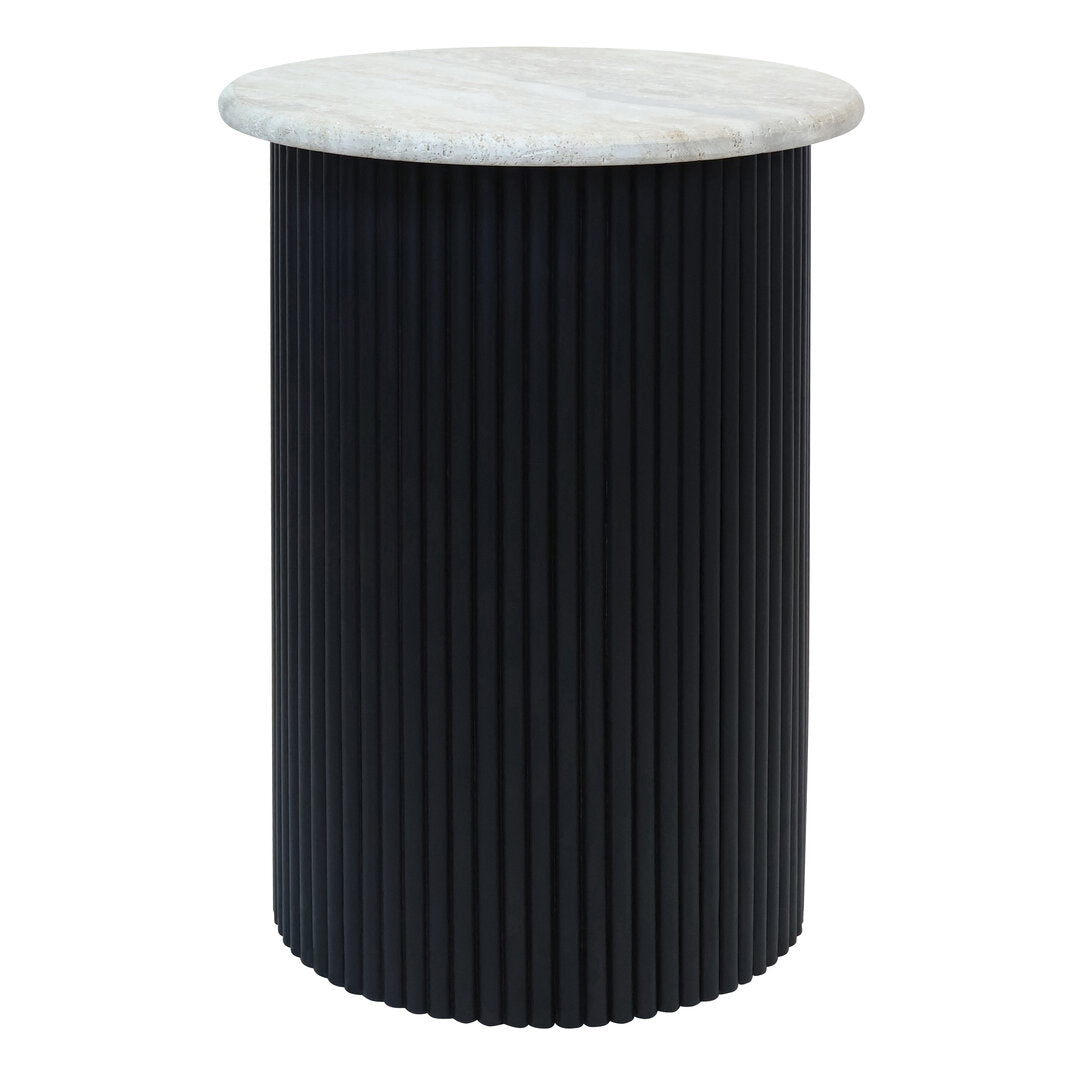 Walford Travertine Top Side Table with Black Acacia Wood Base  Nicholas John Interiors