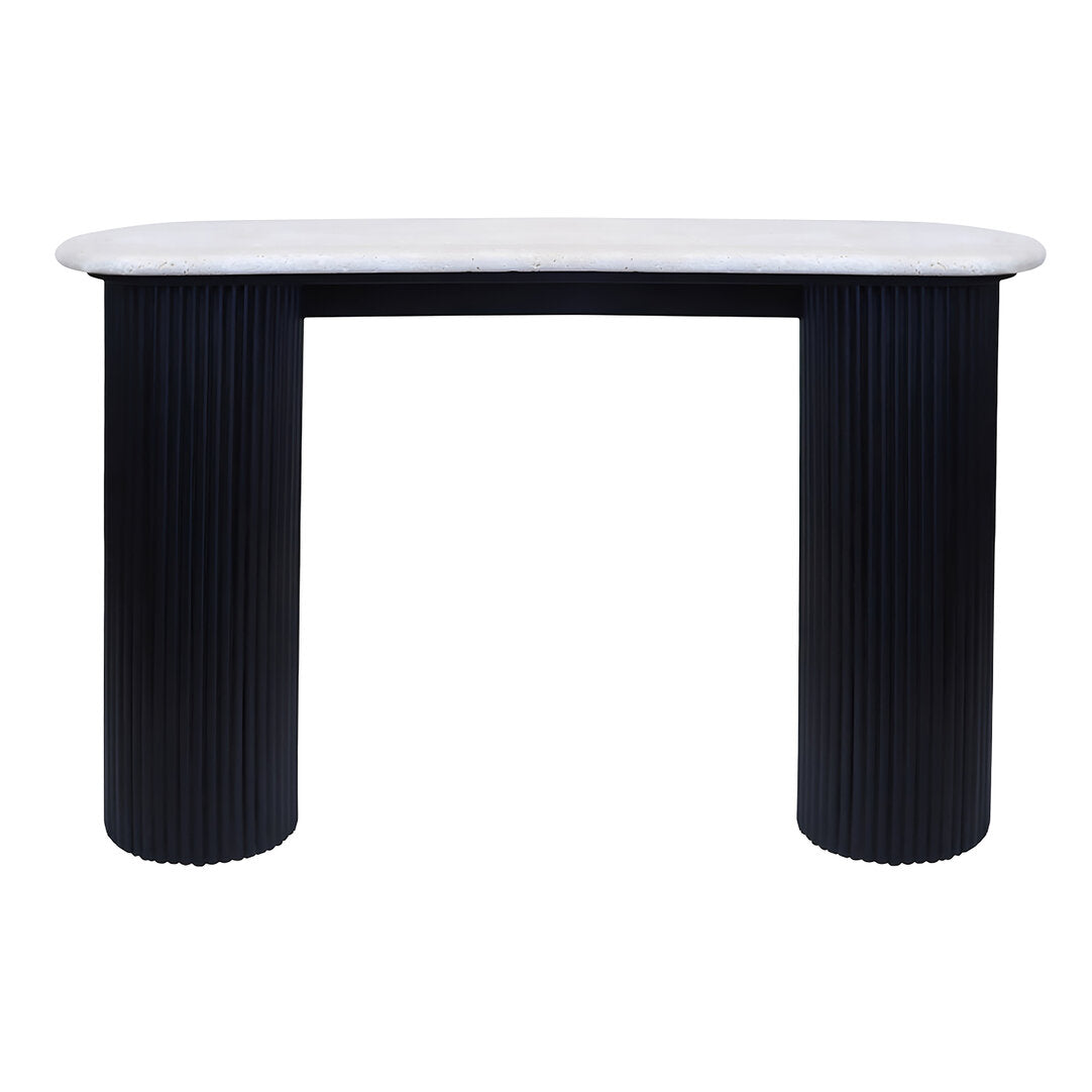 Walford Travertine Top Console Table with Black Acacia Wood Legs  Nicholas John Interiors