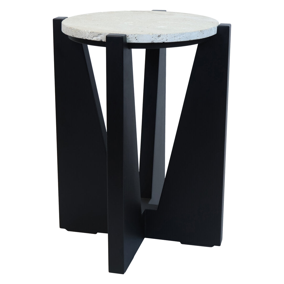 Wenton Travertine Top Side Table with Black Acacia Wood Frame  Nicholas John Interiors