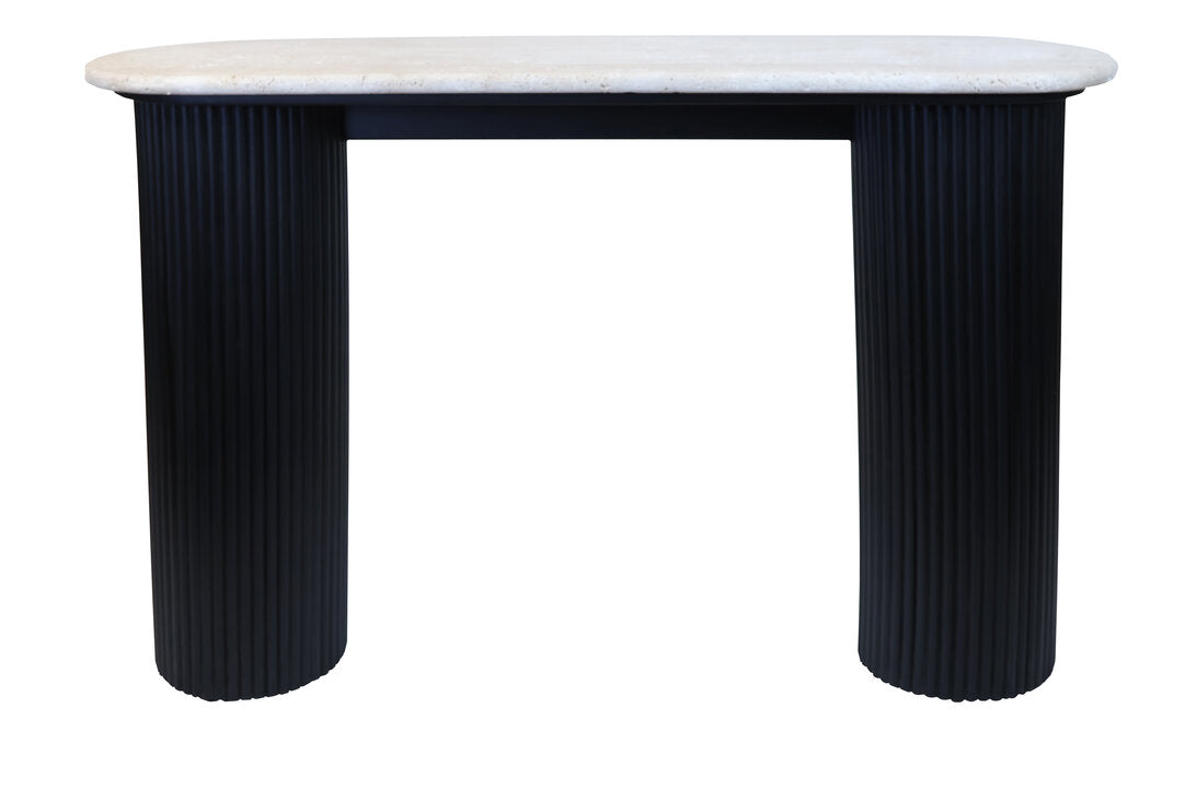 Walford Travertine Top Console Table with Black Acacia Wood Legs  Nicholas John Interiors