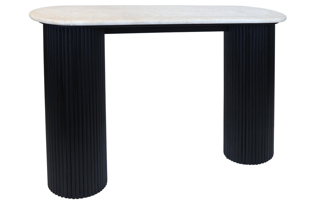 Walford Travertine Top Console Table with Black Acacia Wood Legs  Nicholas John Interiors