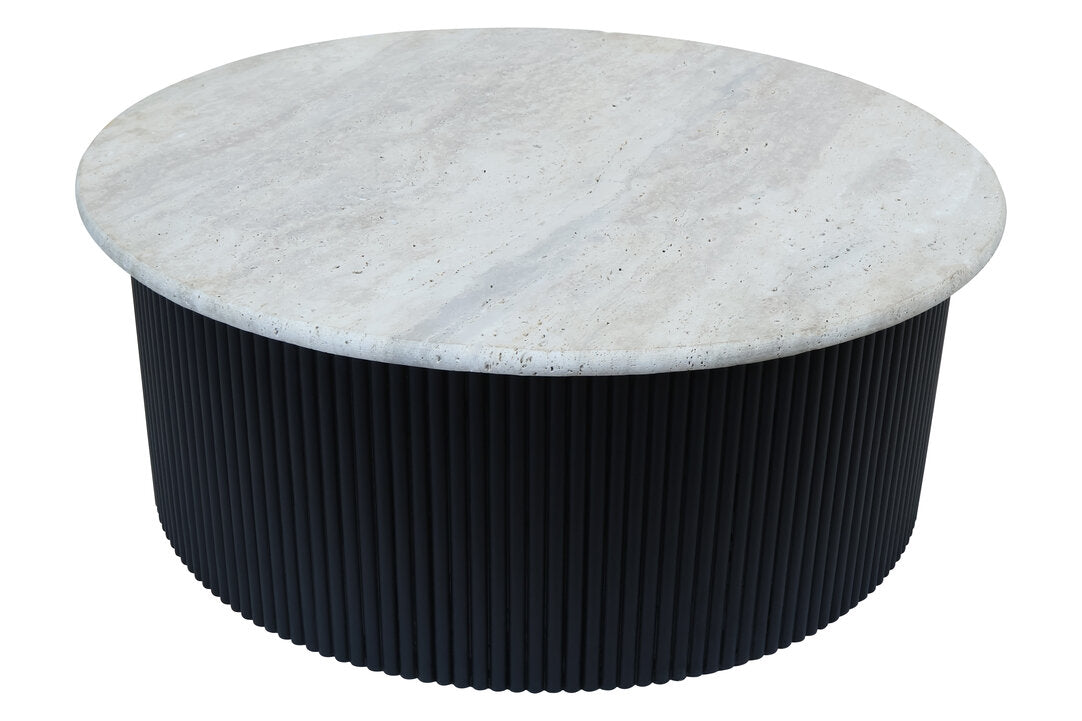 Walford Travertine Top Coffee Table with Black Acacia Wood Base  Nicholas John Interiors