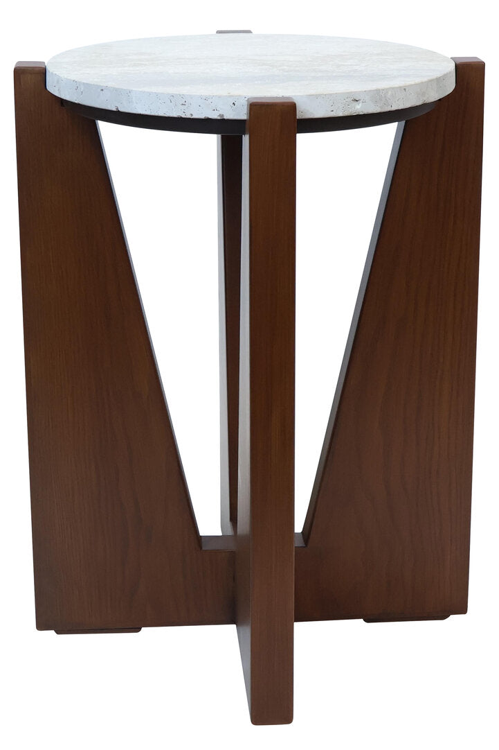 Wenton Travertine Top Side Table with Acacia Wood Frame  Nicholas John Interiors