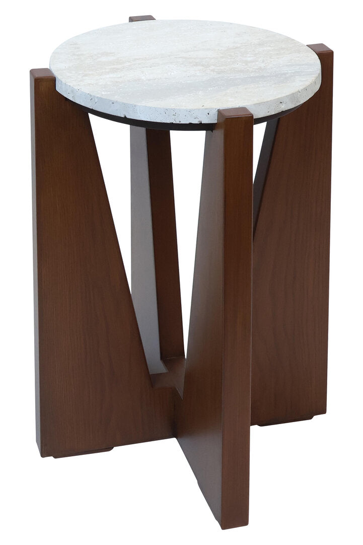 Wenton Travertine Top Side Table with Acacia Wood Frame  Nicholas John Interiors