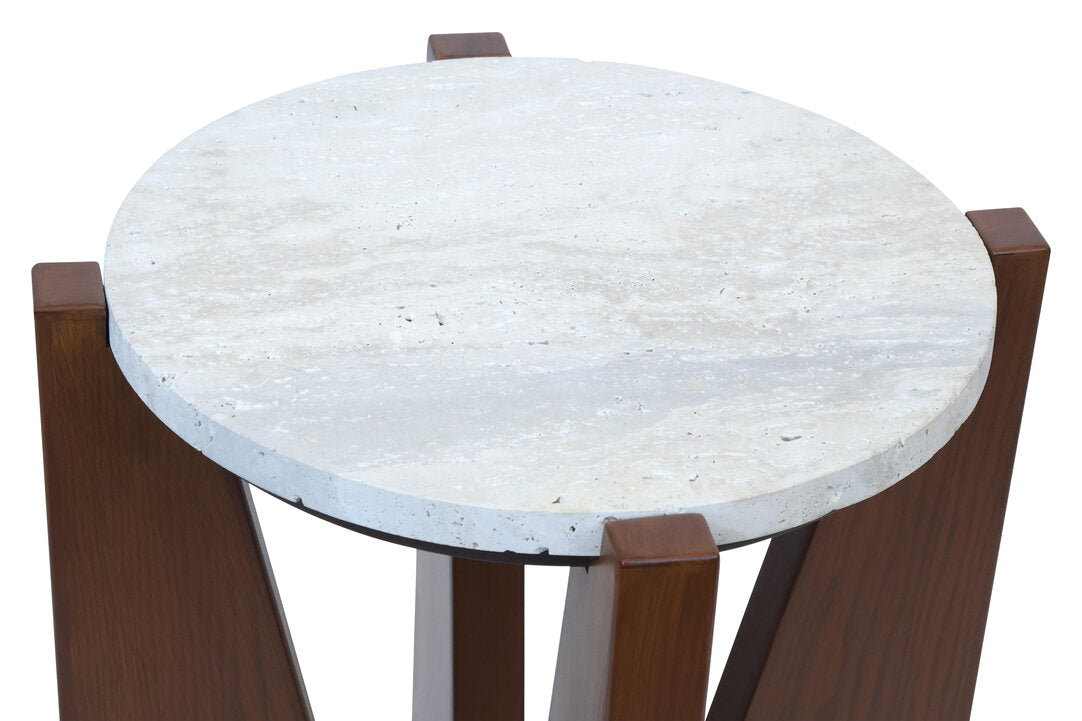 Wenton Travertine Top Side Table with Acacia Wood Frame  Nicholas John Interiors
