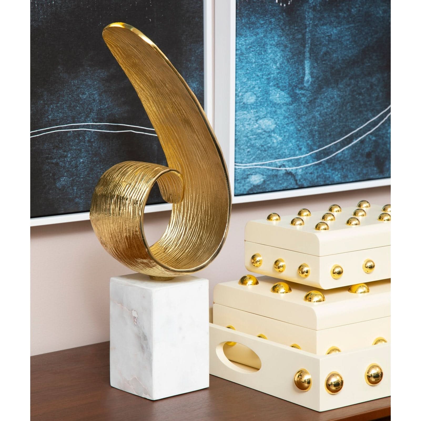 Mirano Gold Finish Curl Sculpture   Nicholas John Interiors