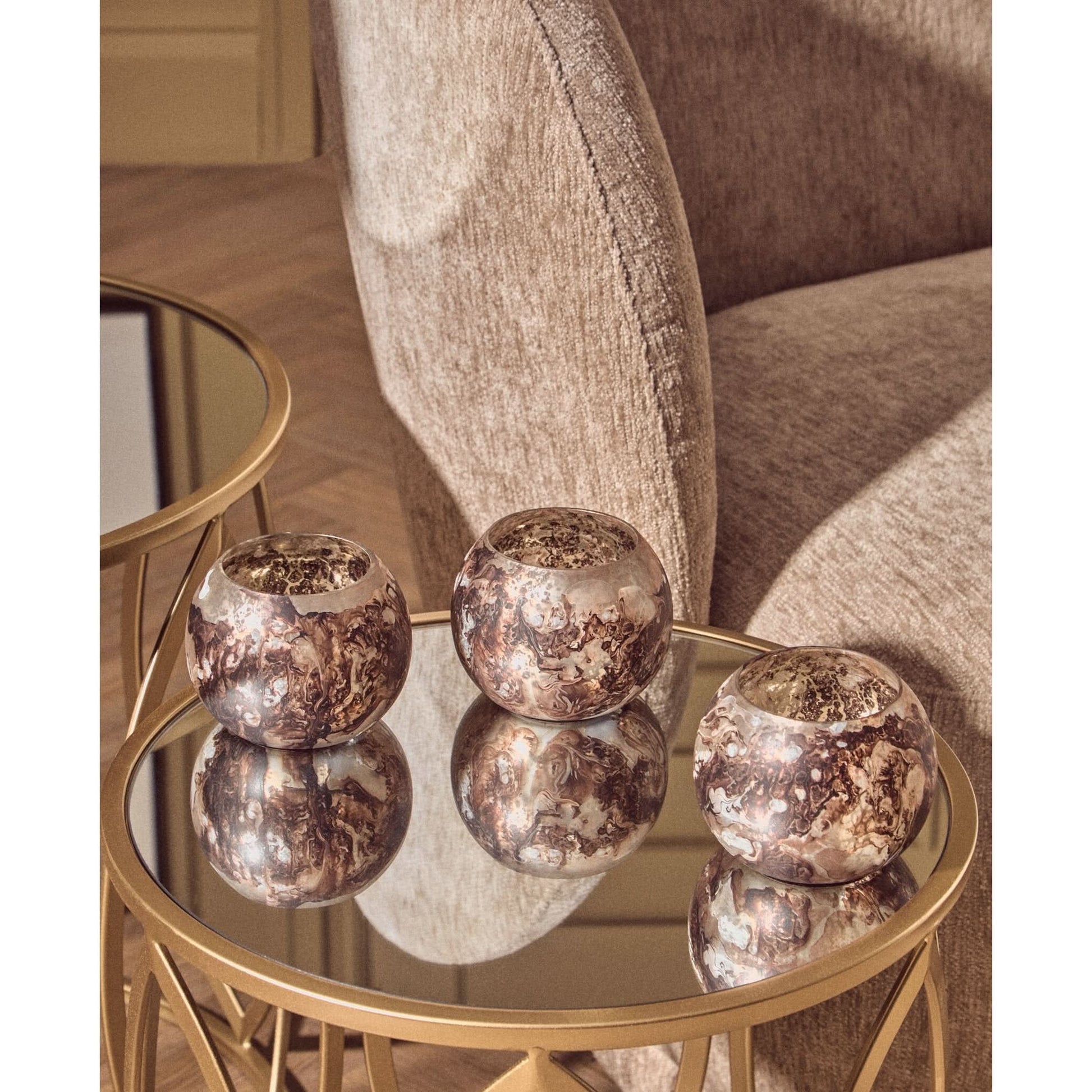 Garan Set of 3 Brown Marble Effect Tealight Holders   Nicholas John Interiors