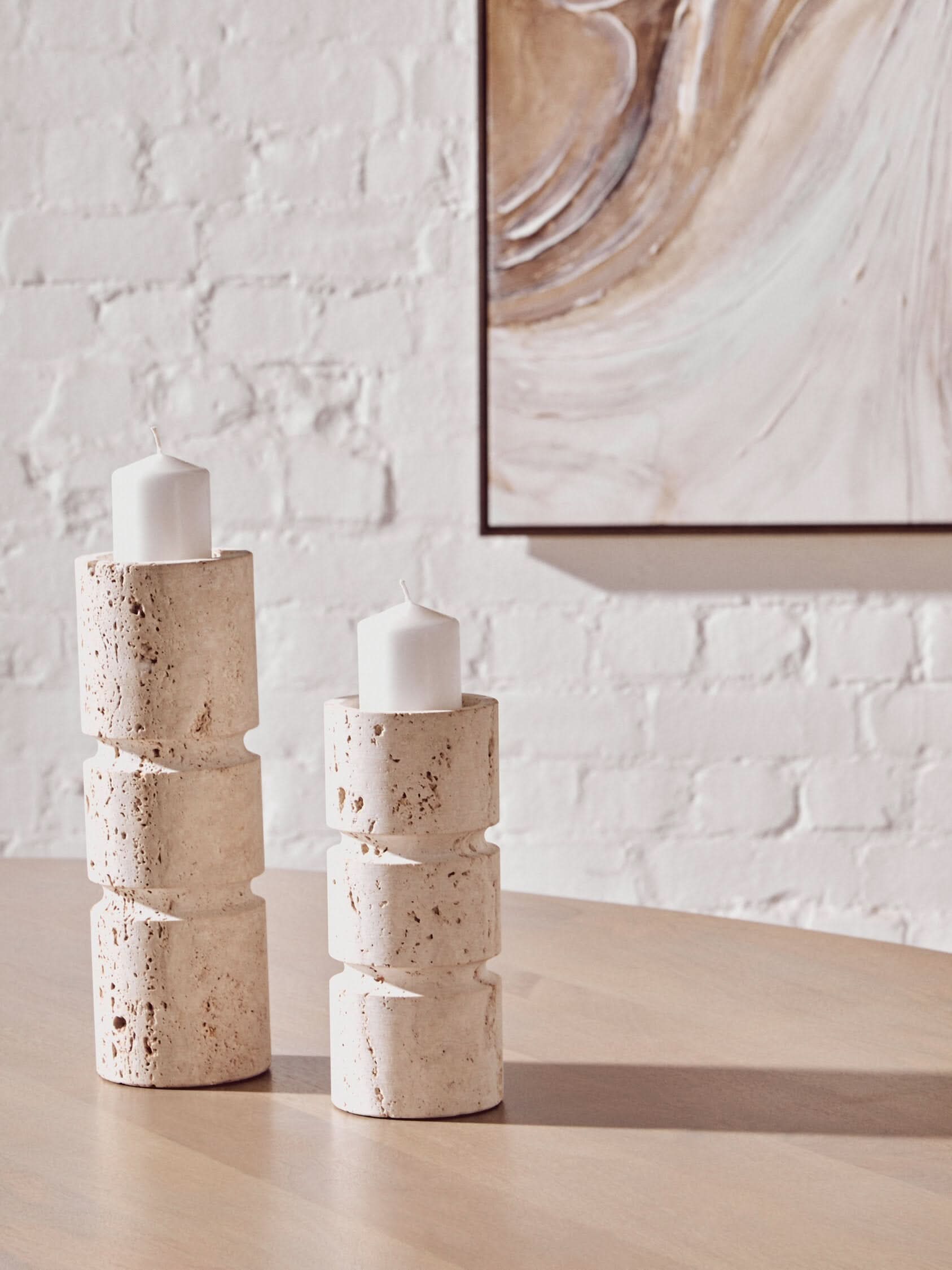 Tibor Travertine Small Candle Holder   Nicholas John Interiors