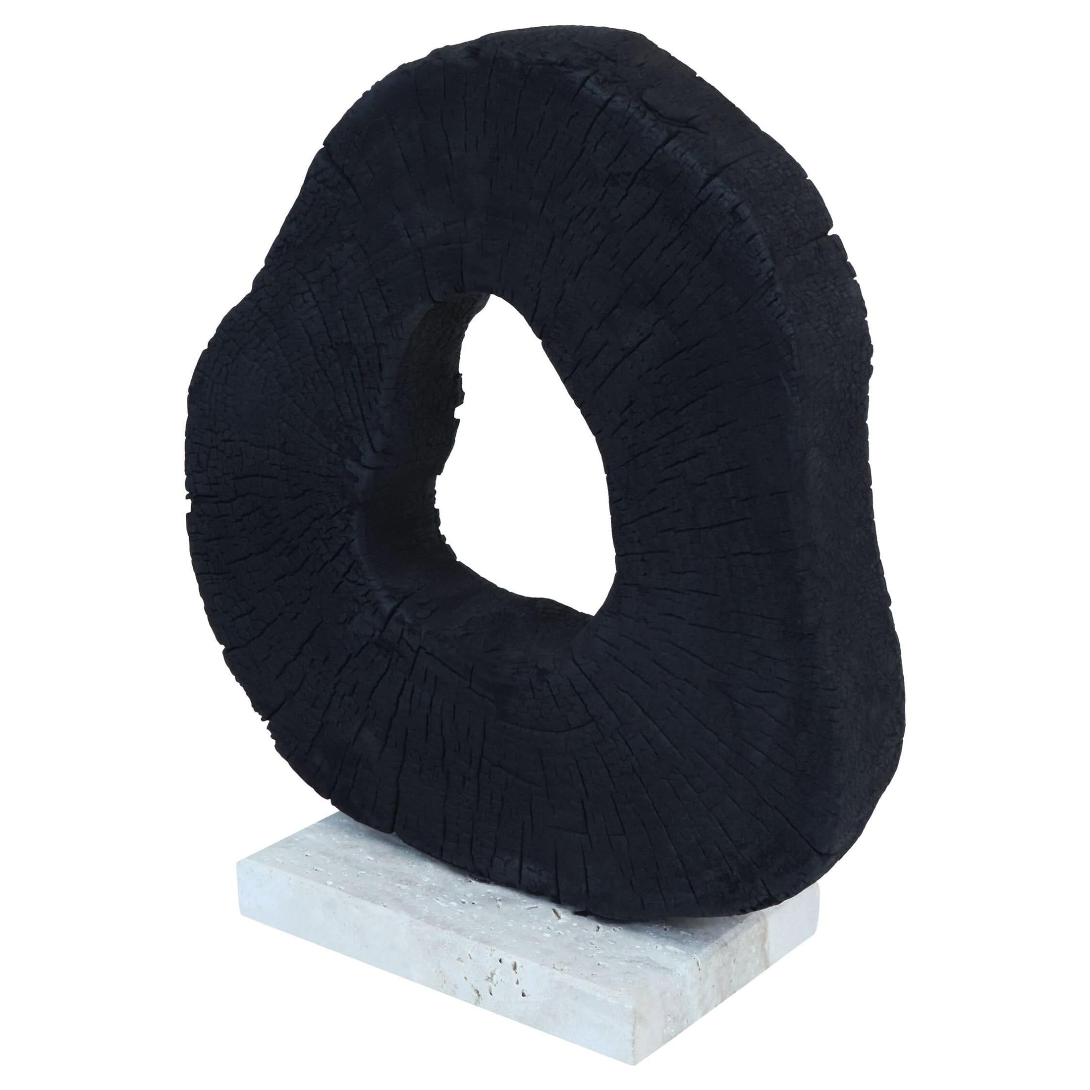 Tibor Black Mango Wood Sculpture with Travertine Base   Nicholas John Interiors
