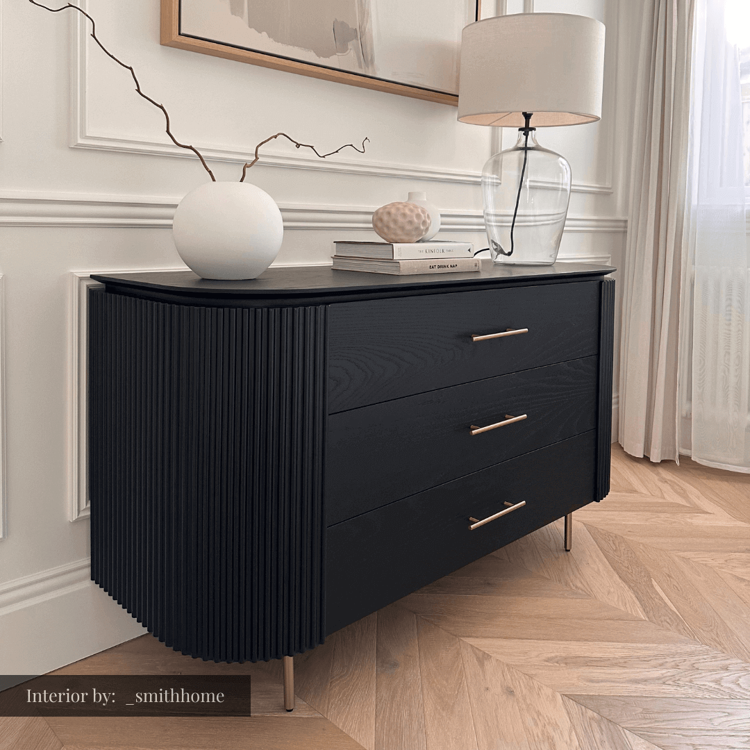 Tommy Franks Lantine 3 Drawer Dresser in Black Oak & Brass   Nicholas John Interiors