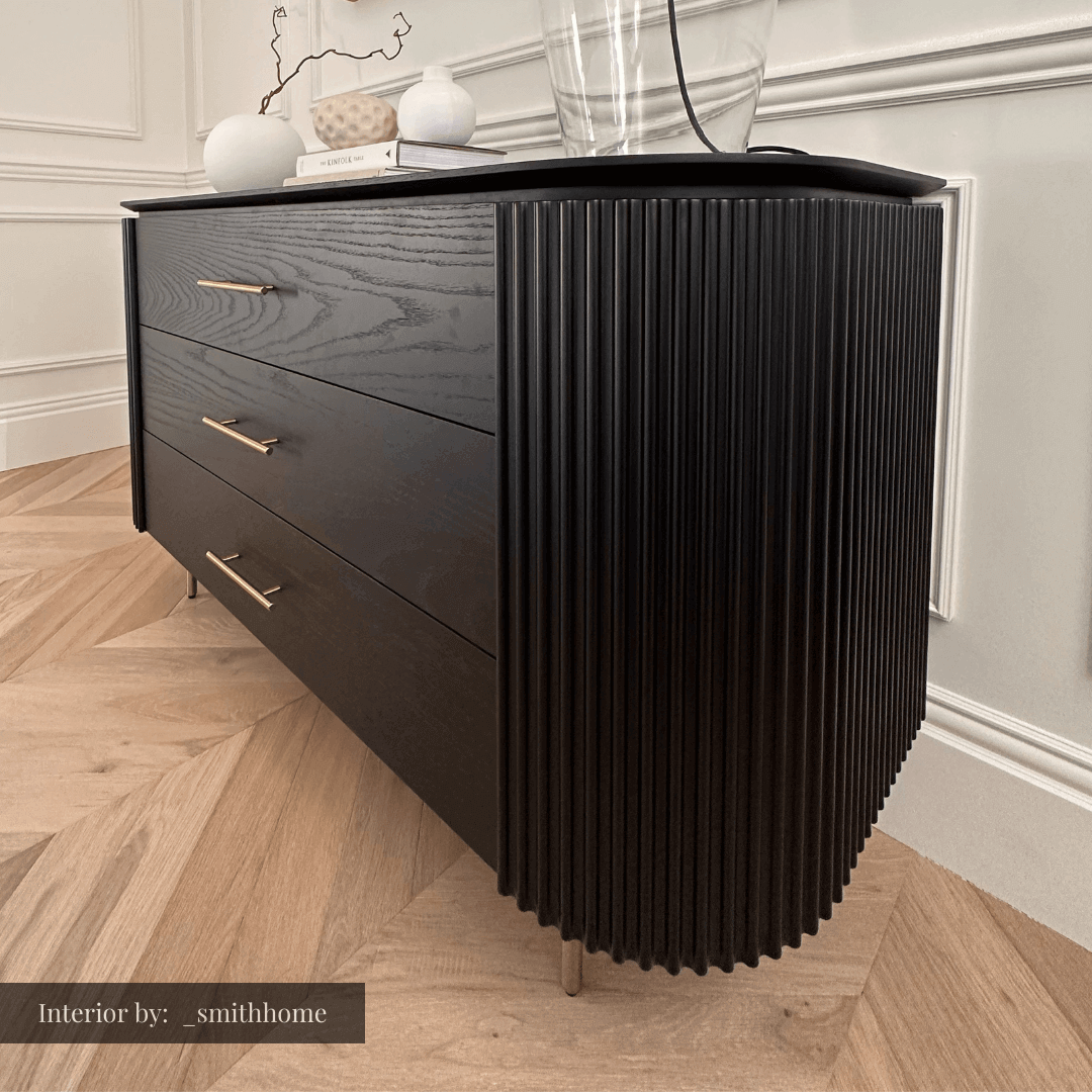Tommy Franks Lantine 3 Drawer Dresser in Black Oak & Brass   Nicholas John Interiors