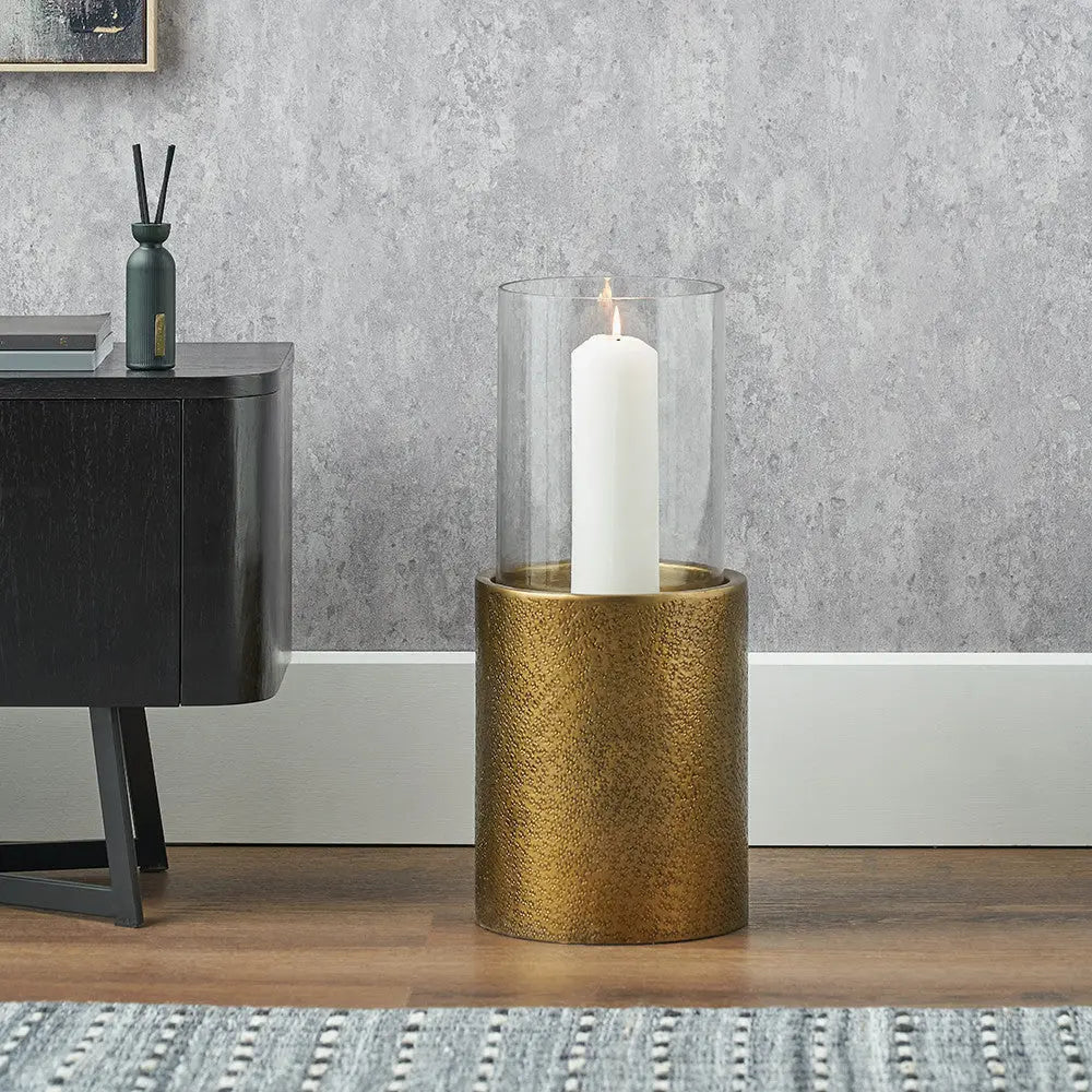 Antique Brass Finish Metal and Clear Glass Hurricane - Pacific Lifestyle  Nicholas John Interiors