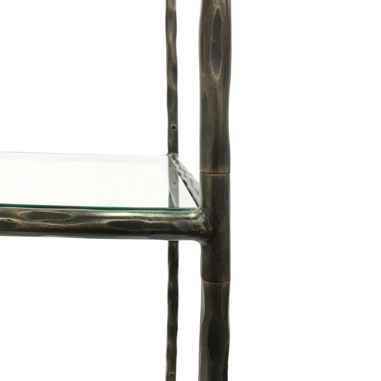 Patterdale Hand Forged Shelving Unit Table Dark Bronze with Glass Shelves  Nicholas John Interiors