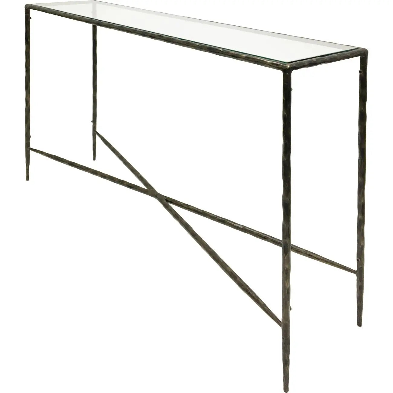 Patterton Hand Forged Console Table Large 140x35cm Dk Bronze with Glass Top  Nicholas John Interiors