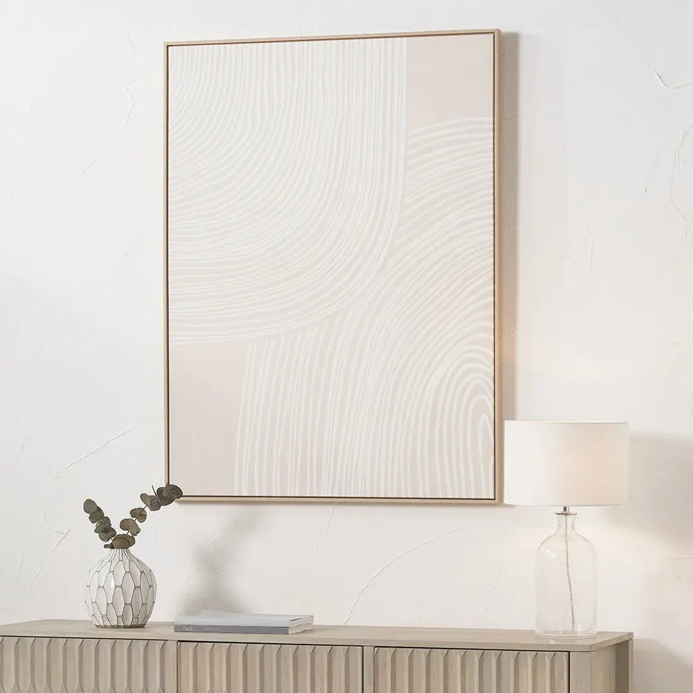 Natural and White Abstract Canvas with Natural Frame  Nicholas John Interiors
