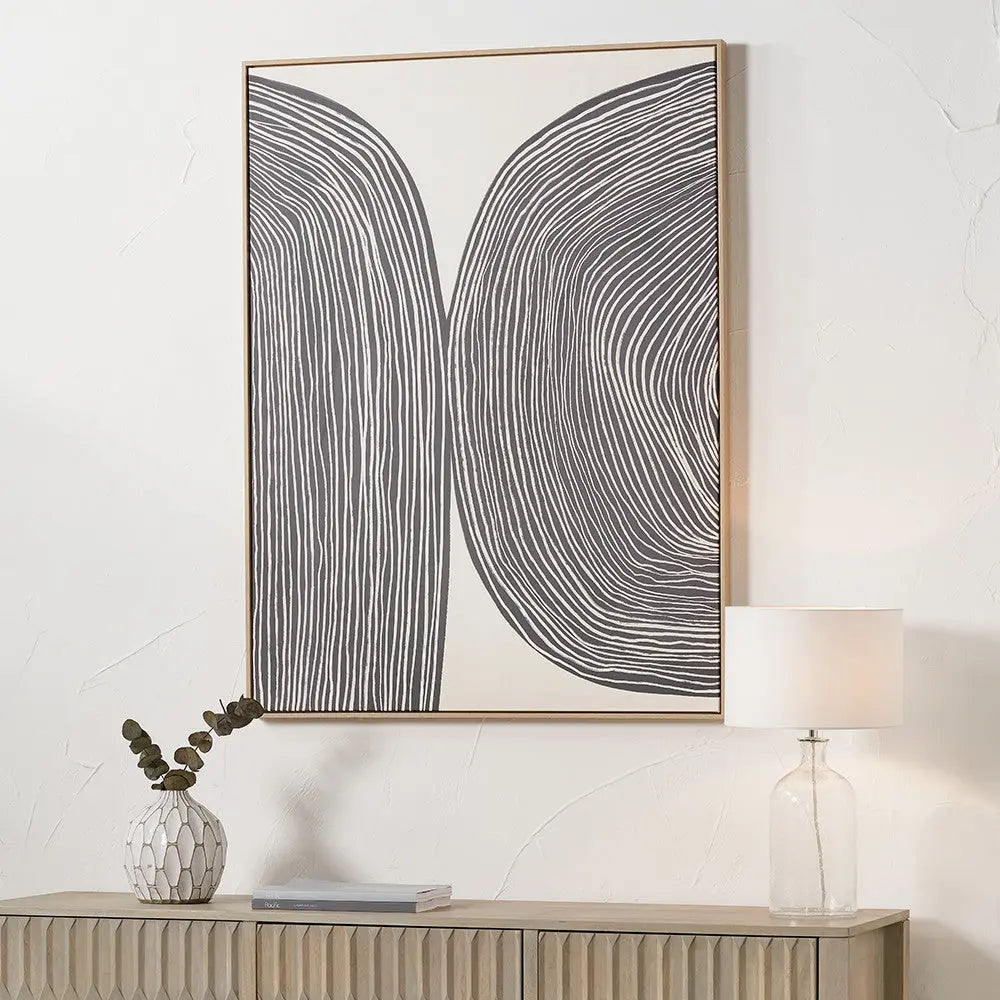 Black and Cream Abstract Canvas with Natural Frame  Nicholas John Interiors