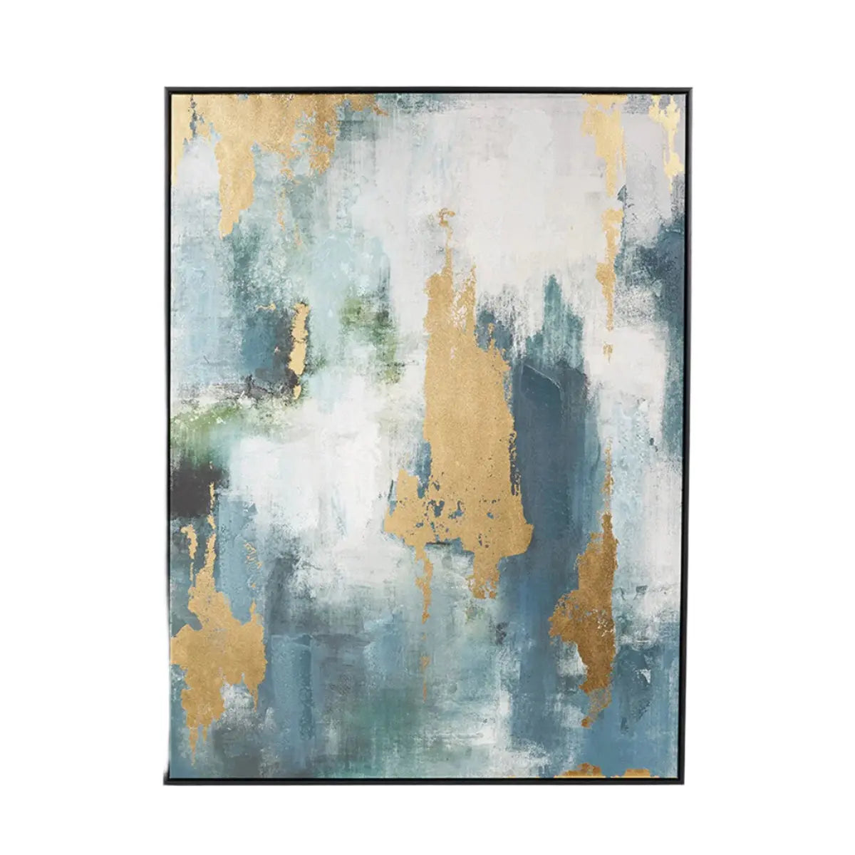 Gold and Blue Tone Abstract Canvas with Black Frame  Nicholas John Interiors