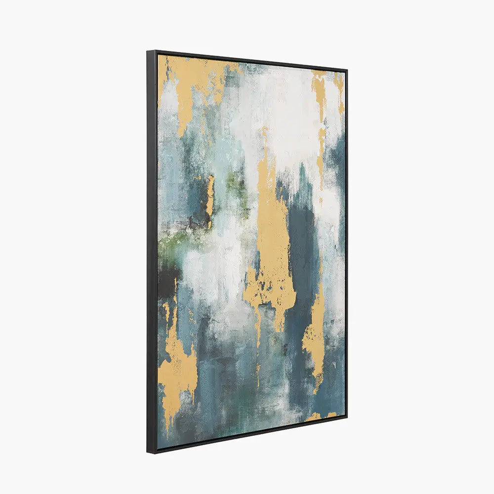 Gold and Blue Tone Abstract Canvas with Black Frame  Nicholas John Interiors
