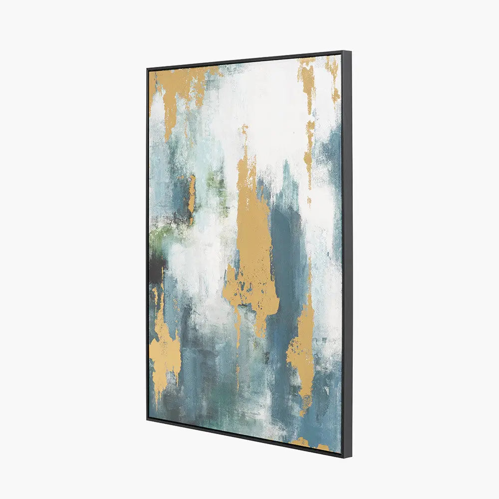 Gold and Blue Tone Abstract Canvas with Black Frame  Nicholas John Interiors