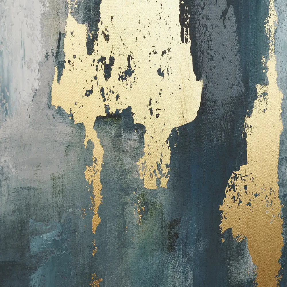 Gold and Blue Tone Abstract Canvas with Black Frame  Nicholas John Interiors