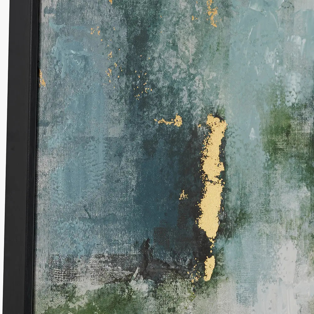 Gold and Blue Tone Abstract Canvas with Black Frame  Nicholas John Interiors