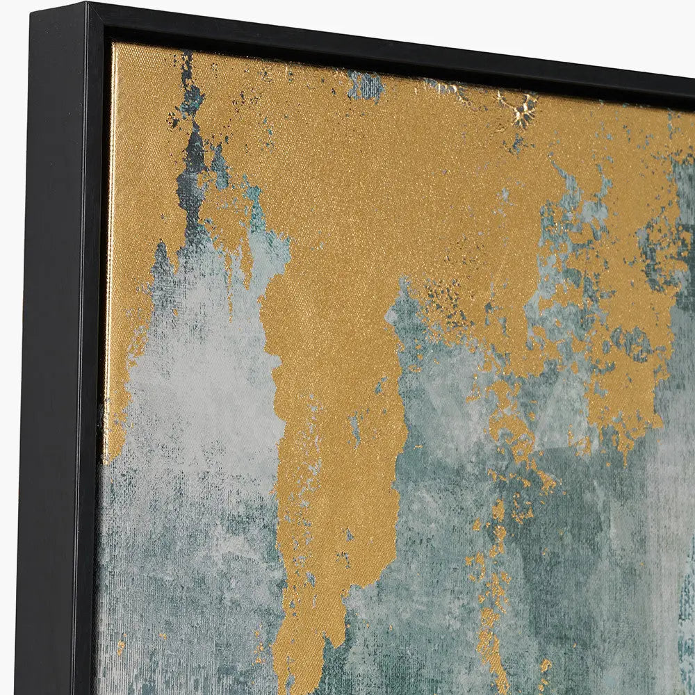 Gold and Blue Tone Abstract Canvas with Black Frame  Nicholas John Interiors