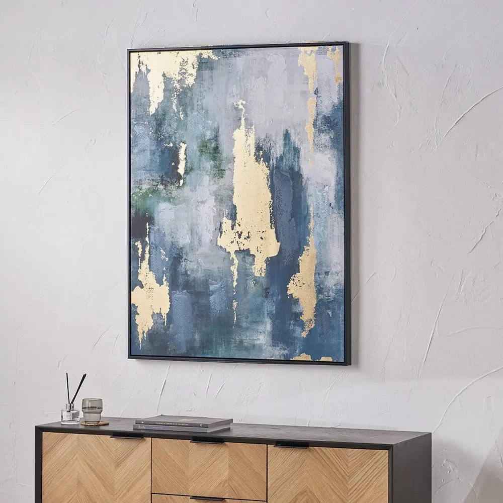 Gold and Blue Tone Abstract Canvas with Black Frame  Nicholas John Interiors