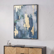 Gold and Blue Tone Abstract Canvas with Black Frame  Nicholas John Interiors
