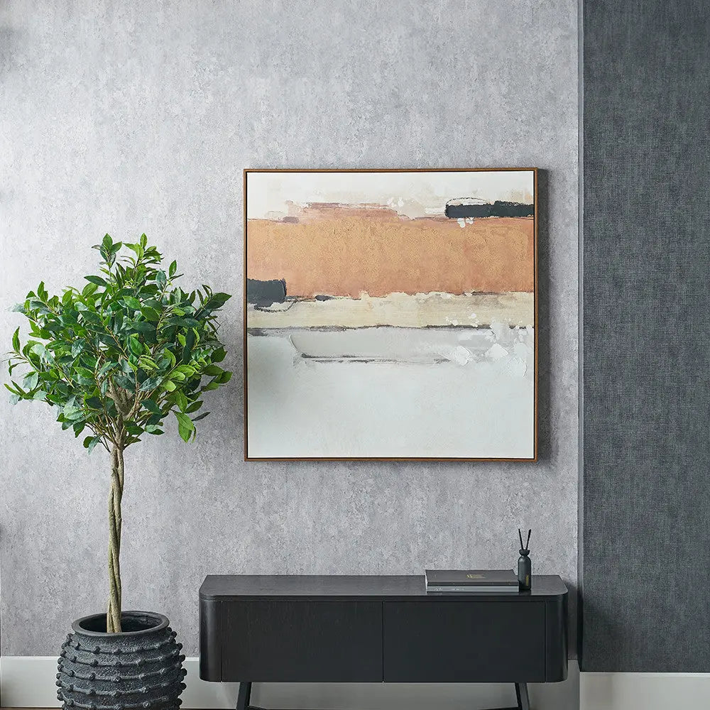 White and Terracotta Abstract Square Canvas with Oak Effect Frame  Nicholas John Interiors
