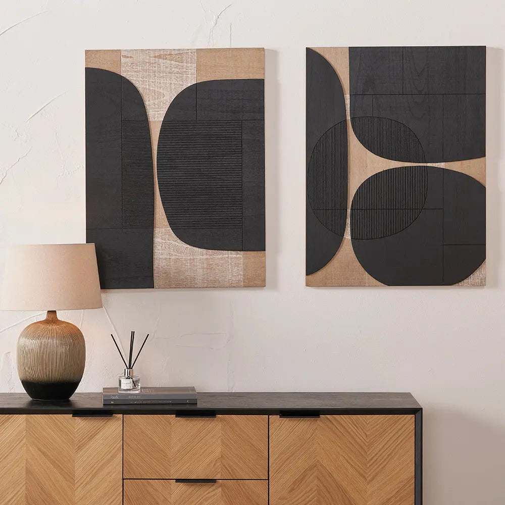 S/2 Black and Natural Wooden Textured Design Wall Art  Nicholas John Interiors