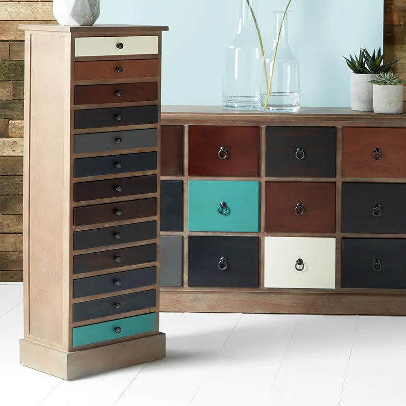 Loft Blue Multicoloured Pine Wood 13 Drawer Unit  Nicholas John Interiors