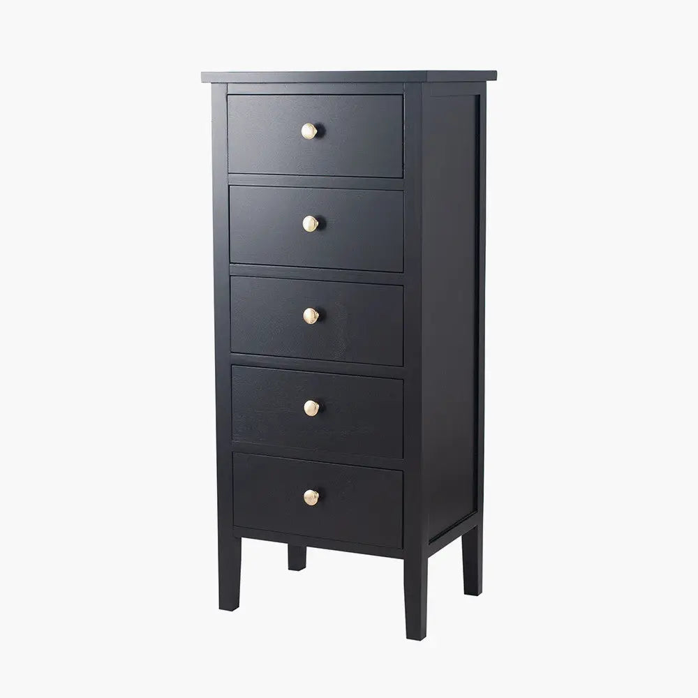 Chelmsford Satin Black Pine Wood 5 Drawer Tall Unit  Nicholas John Interiors