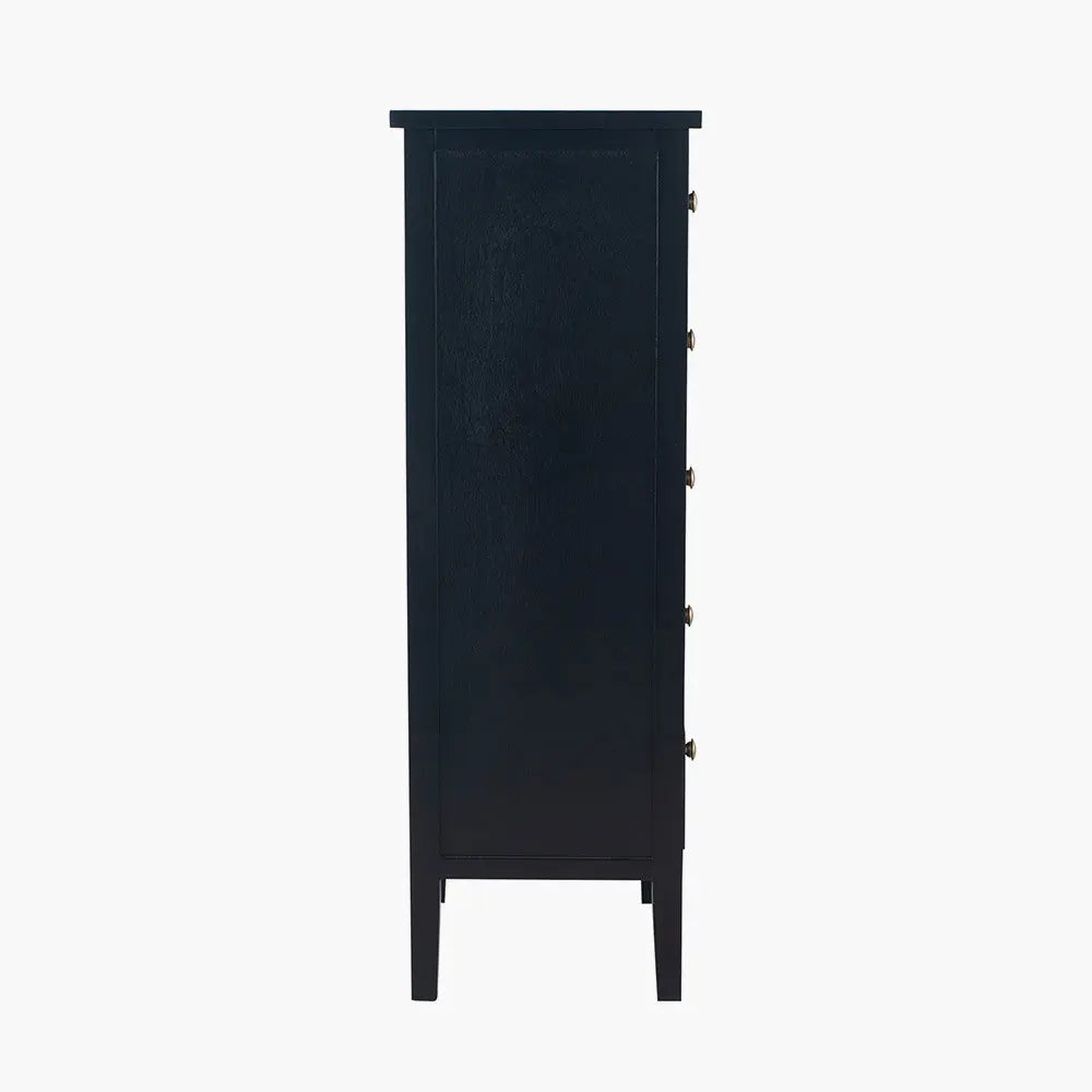Chelmsford Satin Black Pine Wood 5 Drawer Tall Unit  Nicholas John Interiors